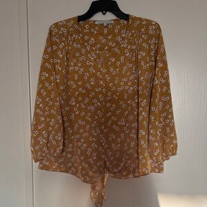 Collective Concepts Mustard Floral Tie-Hem Blouse